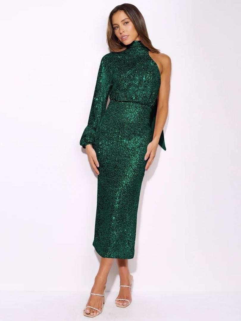 Green Knee-length Sparkly Dress with One-Shoulder